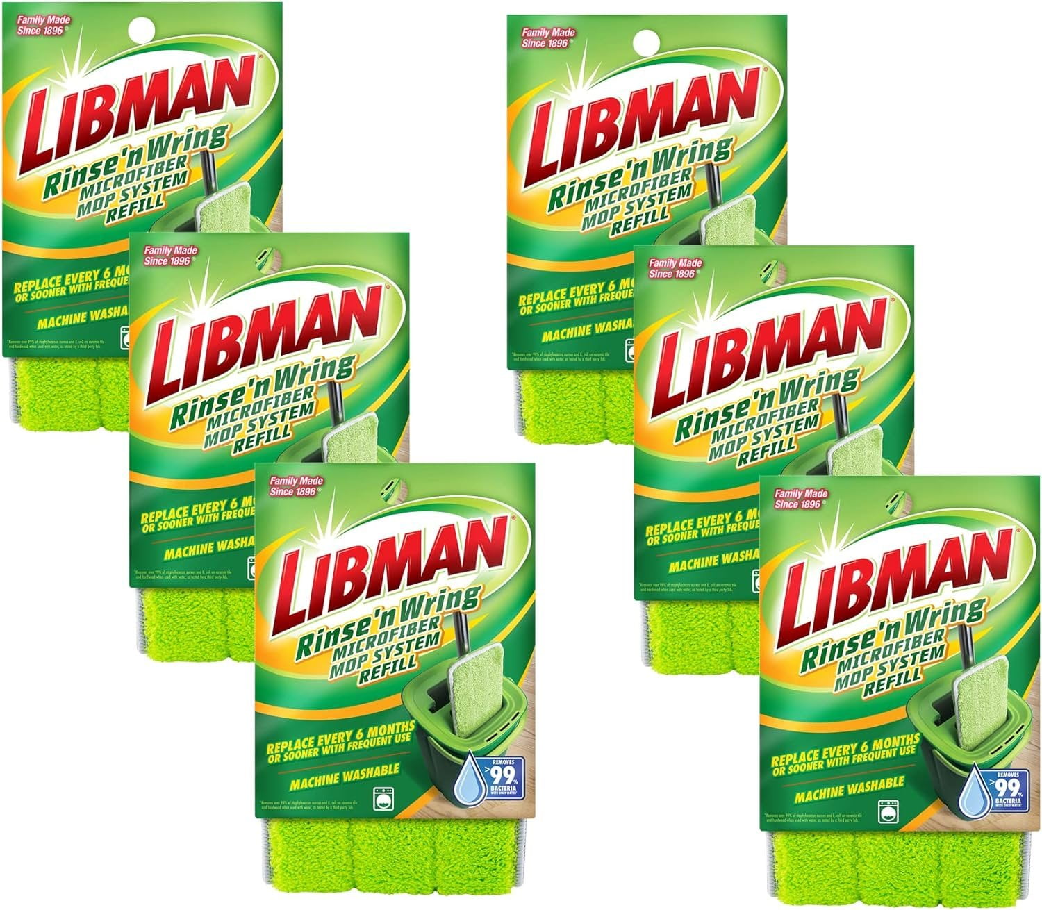 Libman Rinse 'n Wring Mop System Refill - Microfiber Wet Mop - 6 Pads, Green