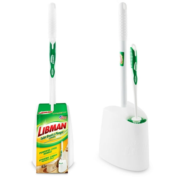 Libman Toilet Brush & Plunger Combo Green Fibers / White Polypropylene Base Recommended Adult Use