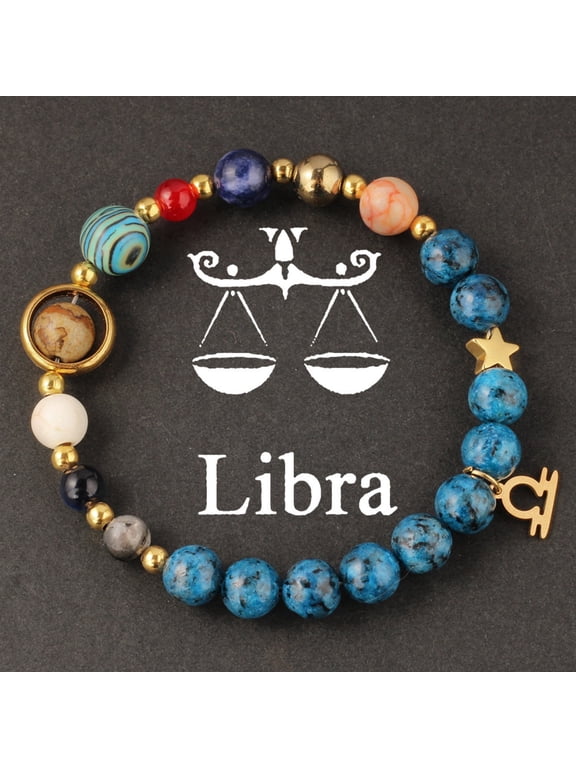 Libra 8 Planets Solar System Zodiac Beaded Bracelet, Natural Green Jasper Galaxy Birthday Gift for Women & Men