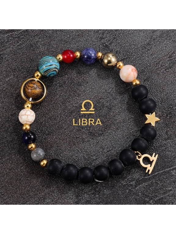Libra 8 Planets Solar System Zodiac Beaded Bracelet, Natural Stone & Black Glass Galaxy Birthday Gift for Women & Men