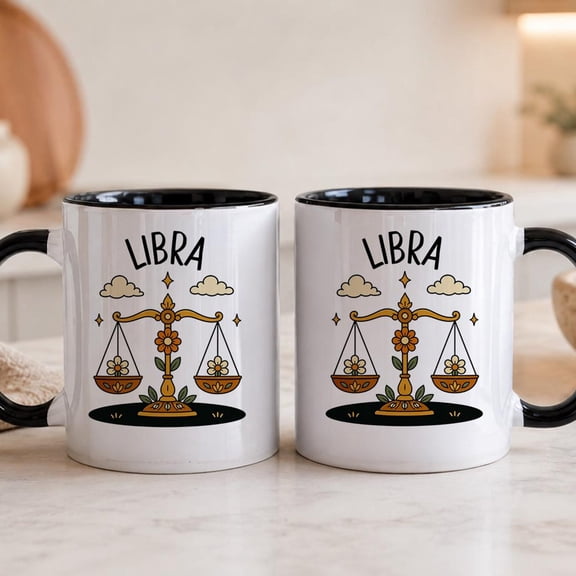 Libra Astrology Ceramic Mug, Astrology Libra Scale Moon and Stars Coffee Cup, Retro Floral Libra Gift for Her, Gift for Libra Birthday Girl