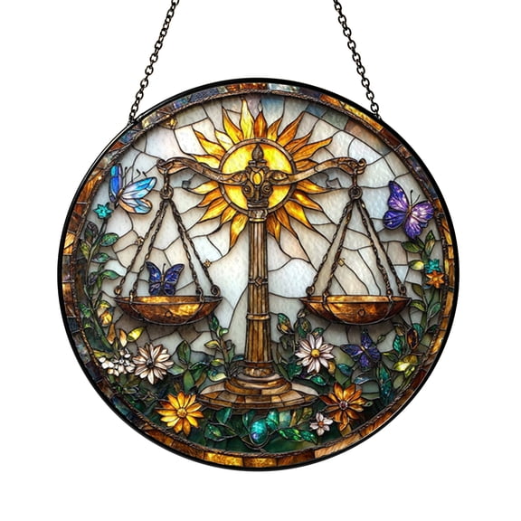 Libra Astrology Glass Window Decor, Zodiac Horoscope Suncatcher Hanging Art, Cosmic Theme Ornament for Home