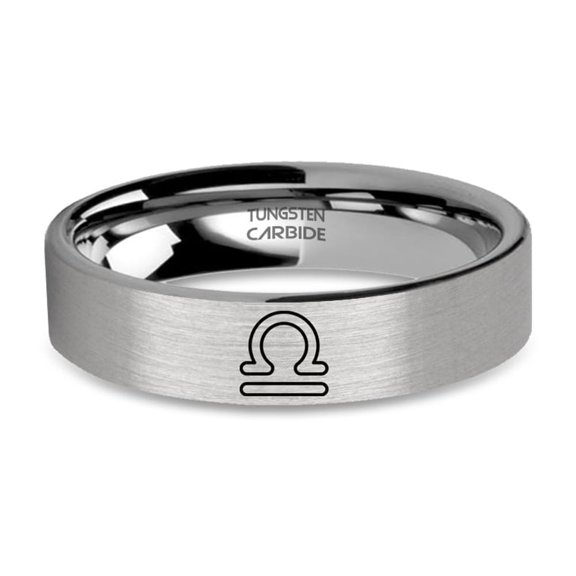 Libra Astrology Symbol Engraved Silver Tungsten Ring, Brushed, 6mm, Size 8