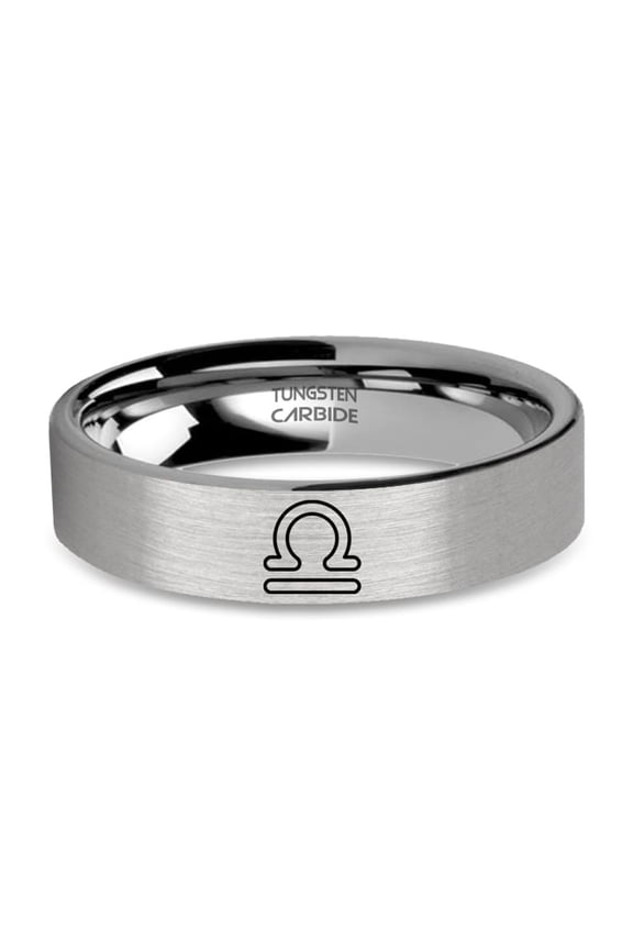 Libra Astrology Symbol Engraved Silver Tungsten Ring, Brushed, 6mm, Size 8