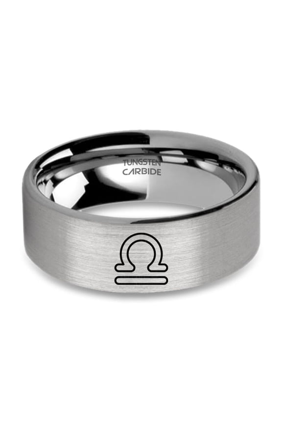 Libra Astrology Symbol Engraved Silver Tungsten Ring, Brushed, 8mm, Size 6.5