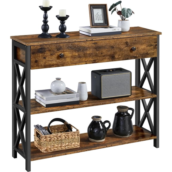 Libra Console Table with Drawer, Entryway Table with 3 Tier Storage Shelves, Narrow Long Sofa Tables for Entryway, Living Room, Hallway, Couch, Kitchen, Metal Frame, Rustic Brown