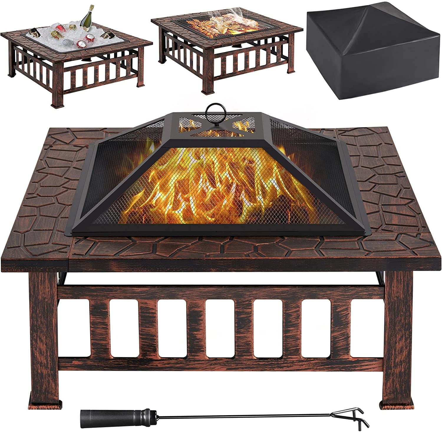 Libra Fire Pit 34in Outdoor Fire Pits Fireplace Heater Stove with Screen, Waterproof Cover & Poker for BBQ Patio Bonfire