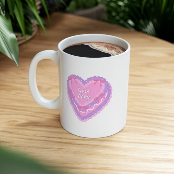 Libra Heart ke Mug, Pink Ribbon Bow ke Zodiac Design, Cute Coquette Astrology Gift, Double Sided White Ceramic Coffee Cup oz.