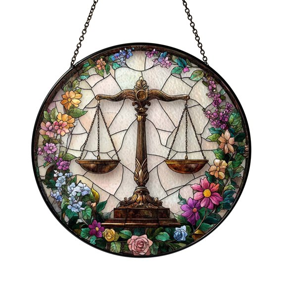Libra Horoscope Scales Illustration Stained Glass Style Round Window Hanging Suncatcher, Mystical Zodiac Decor Gift