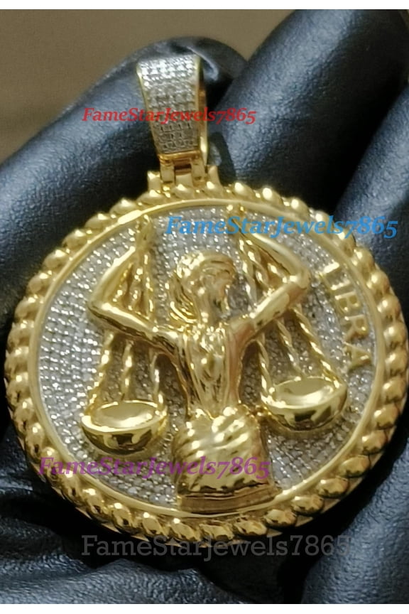 Libra' Justice Scales Horoscope Zodiac Astrological Sign Unisex Charm Pendant, 14K Yellow Gold Plated with Moissanite Test Passer