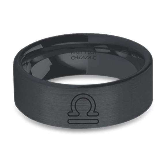 Libra Justice Symbol Engraved Black on Black Brushed Ceramic Ring, 8mm, Size 14.5