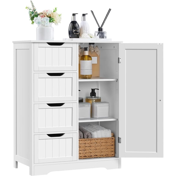 Libra Large Bathroom Floor Cabinet with 4 Dawers and Single Door Cabinet, Freestanding Storage Cabinet for Living Room Kitchen Hallway, White