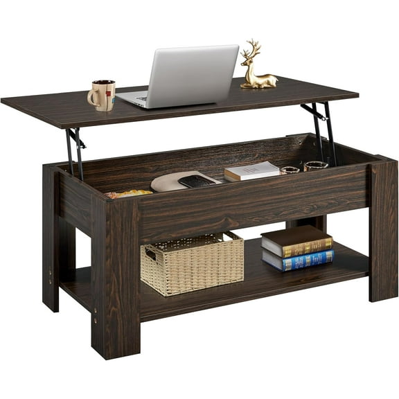 Libra Lift Top Coffee Table with Hidden Compartment and Storage Shelf, Rising Tabletop Dining Table for Living Room Reception Room, 47.5in L, Espresso