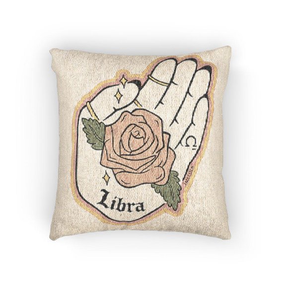 Libra Palmistry Hand and Rose Cream Orange Green Decorative Woven Pillow, Cotton-Polyester Shell, 17 x 18 in