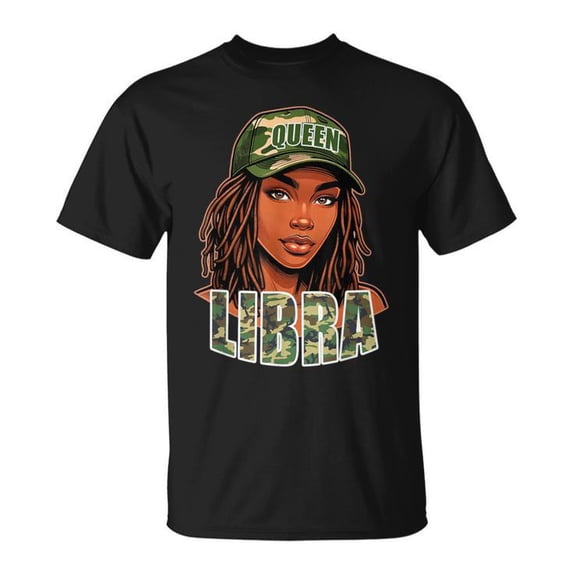 Libra Queen Black Woman Camo Hat Locs Birthday T-Shirt - African American Zodiac Astrology Graphic Tee Gift