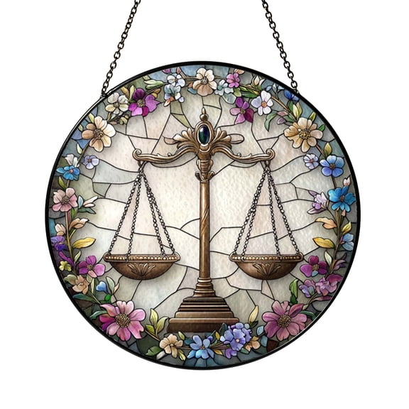 Libra Scales Astrology Glass Suncatcher Window Decor, Round Floral Cosmic Art Ornament for Zodiac Lovers