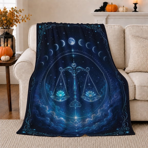 Libra Scales with Lotus Flowers, Ethereal Celestial Style for Astrology Lovers, Moon Phase Circle Scene, Warm Flannel Blanket for Living Room and Bedroom, Birthday Gift and Zodiac Home Decor