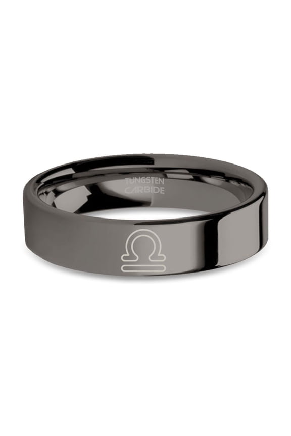 Libra Scales Star Sign Symbol Engraved Gunmetal Tungsten Ring, 6mm, Size 12