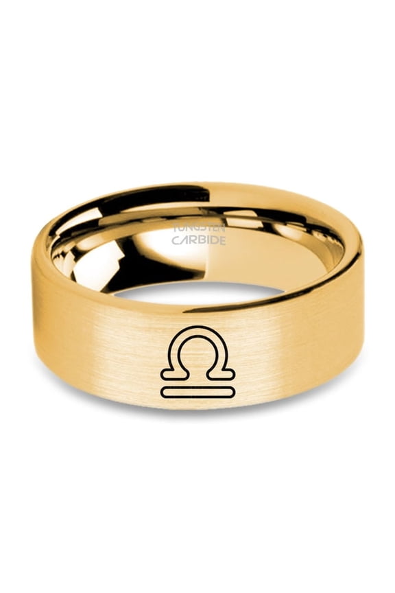 Libra Symbol Laser Engraved Yellow Gold Brushed Tugnsten Ring, 8mm, Size 10