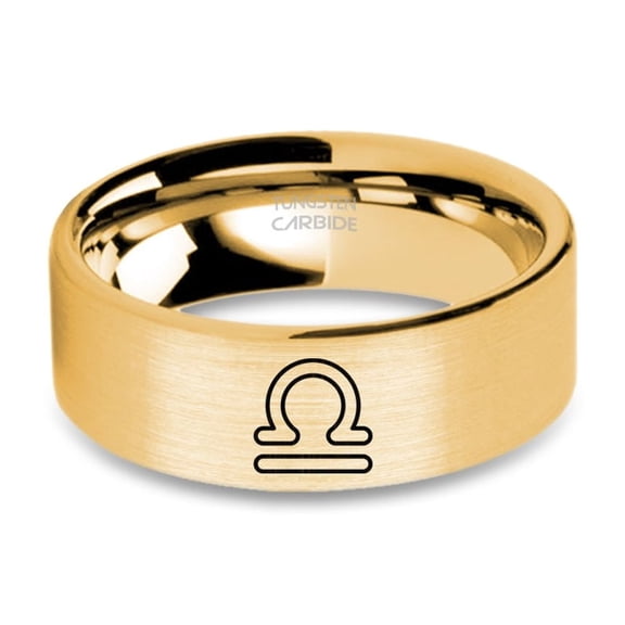 Libra Symbol Laser Engraved Yellow Gold Brushed Tugnsten Ring, 8mm, Size 9