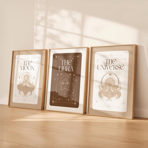Libra Tarot Trio Wall Art Set Print With Universe Moon And Neutral Zodiac Decor