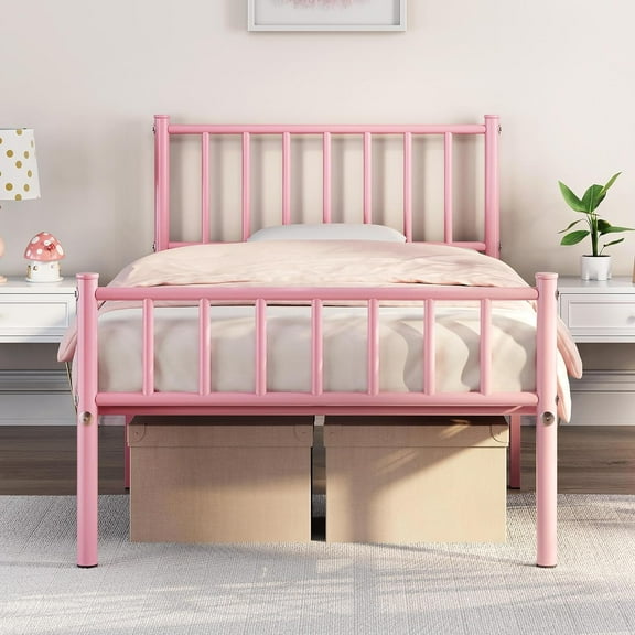 Libra Twin Size Bed Frame Metal Platform Bed Frame Mattress Foundation with Spindle Headboard & Footboard/No Box Spring Needed/14 Inch Underbed Storage/Firm Support & Easy Set up Structure, Pink