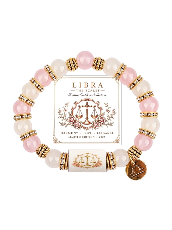 Libra Zodiac Beaded Bracelet with Scales Motif and Symbol Charm, Pink and Cream Beads, Horoscope Inspired Birthday Gift for Astrology Fans and Everyday Wear