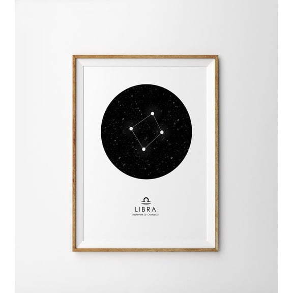 Libra Zodiac Constellation Star Map Astrology Wall Art Print, Distinctive Travel Inspired Theme For Home, Bedroom And Office Decor