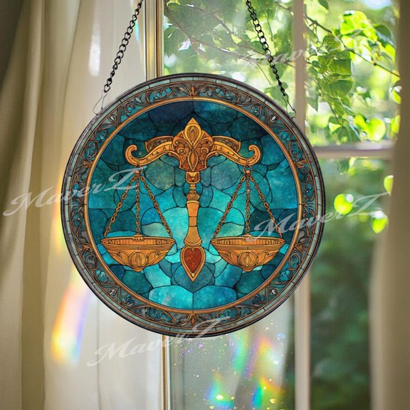 Libra Zodiac Glass Suncatcher, Round Balance Scale Starry Panel, 3.5 in