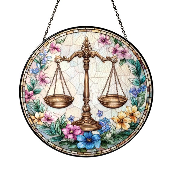 Libra Zodiac Glass Suncatcher Round Window Hanging with Cosmic Floral Balance Design, Astrology Inspired Home Decor Gift
