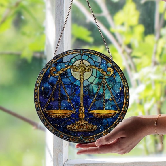 Libra Zodiac Glass Window Suncatcher, Astrology Decor, Balanced Scales, 3.5 in