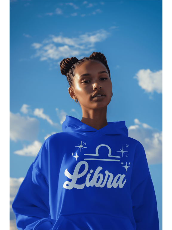 Libra Zodiac Sign, White Astrology Symbol Design, Pullover Hoodie, Blue, XL