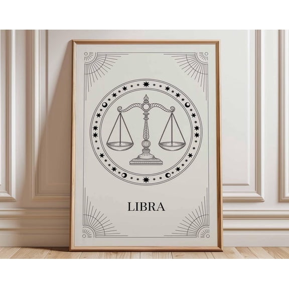 Libra Zodiac Line Drawing Wall Art Print, Unframed Paper Poster 8x10in