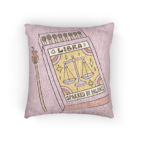 Libra Zodiac Matchbox and Balance Scales Pink and Olive Decorative Woven Pillow