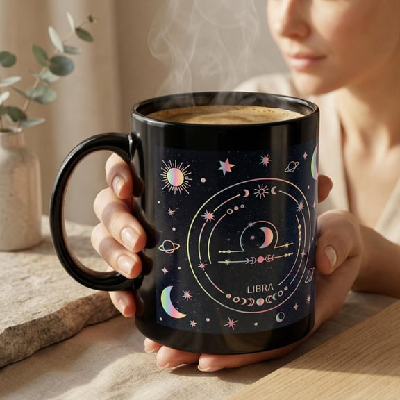 Libra Zodiac Mug: Astrology Coffee Cup, Horoscope Star Sign Black Ceramic Drinkware