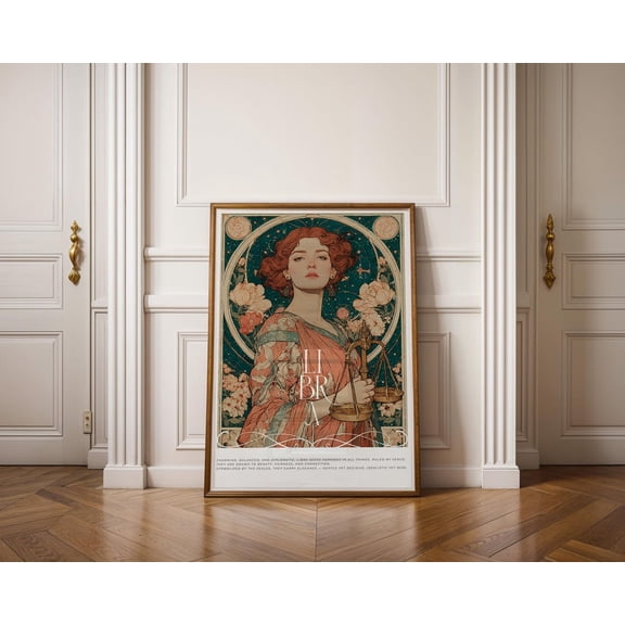 Libra Zodiac Poster, Art Nouveau Astrology Poster, Mucha Inspired Zodiac Wall Art, 8x12 UNFRAMED