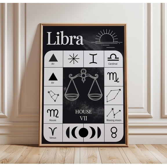 Libra Zodiac Poster Black White Astrology Wall Art Scales Horoscope, Stretched Canvas
