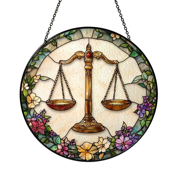 Libra Zodiac Scales Design Stained Glass Style Round Window Hanging Suncatcher, Cosmic Astrology Home Decor Gift