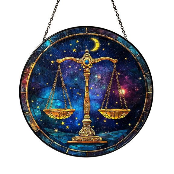 Libra Zodiac Scales Stained Glass Round Suncatcher, Celestial Window Hanging Decor with Balance Symbol Astrology Theme