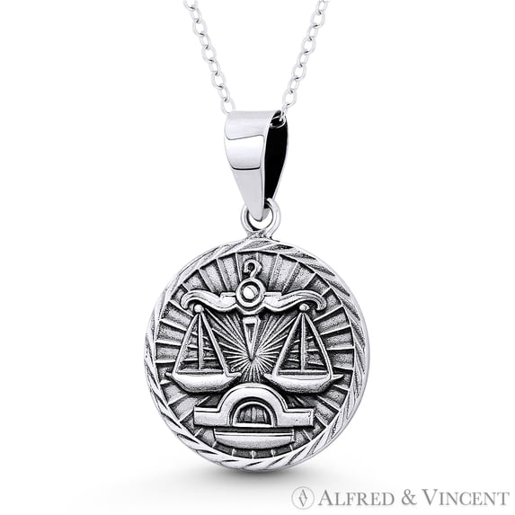 Libra Zodiac Sign Circle Astrology Charm 31x20mm (1.5x0.8in) Pendant & Chain Necklace in Oxidized .925 Sterling Silver