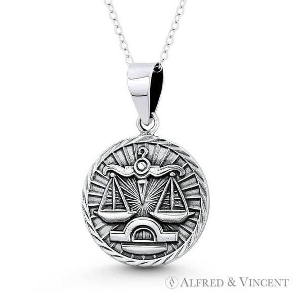 Libra Zodiac Sign Circle Astrology Charm 31x20mm (1.5x0.8in) Pendant & Chain Necklace in Oxidized .925 Sterling Silver