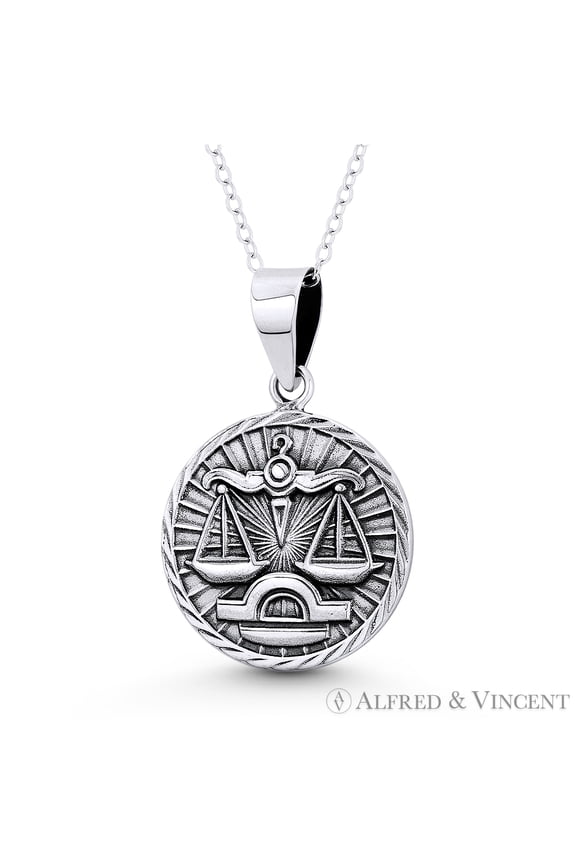 Libra Zodiac Sign Circle Astrology Charm 31x20mm (1.5x0.8in) Pendant in Oxidized .925 Sterling Silver