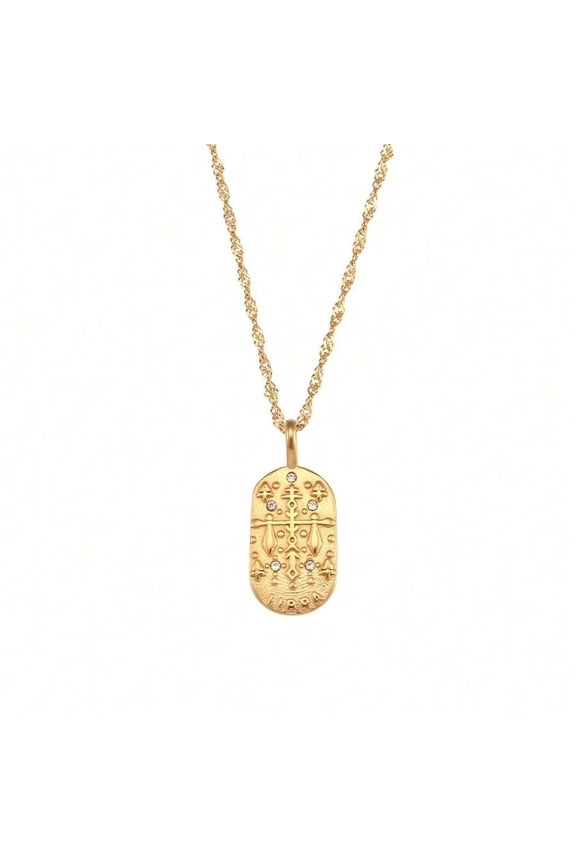 Libra Zodiac Sign Pendant Necklace With Cubic Zirconia Stones Goldtone Stainless Steel