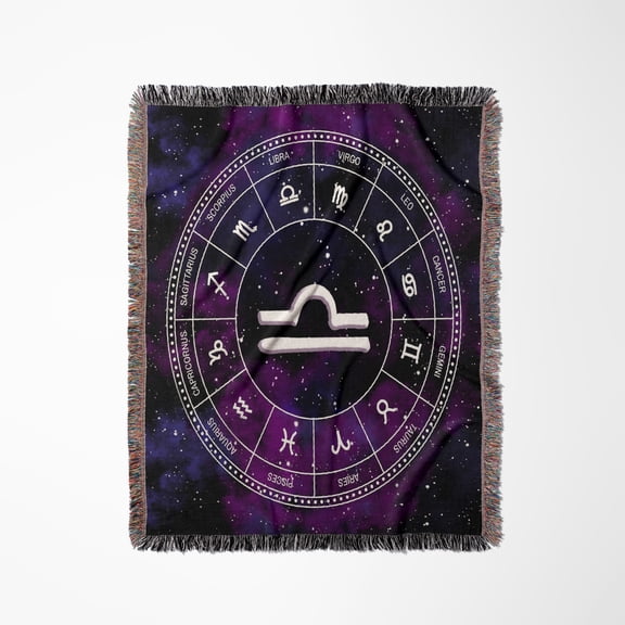 Libra Zodiac Sign Stylish Astrology Gift. White Stars, Purple Space, Woven Blanket