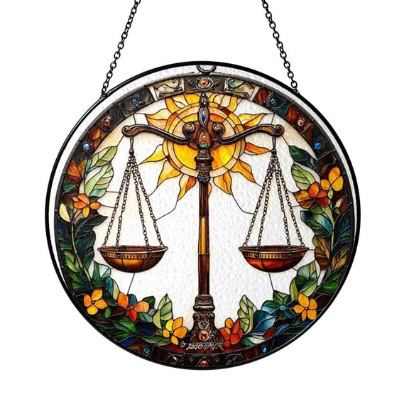 Libra Zodiac Stained Glass Style Suncatcher Window Hanging Decor, Celestial Star Balance Symbol Decorative Panel Art for Window Decoration Astrology Inspired Home Decor