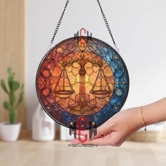 Libra Zodiac Stained Glass Suncatcher, Balance Scale Window Hanging, Astrology Celestial Decor, Horoscope Art Ornament Gift