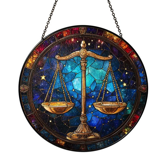 Libra Zodiac Stained Glass Suncatcher with Balanced Scale Symbol Design, Circular Window Hanging Celestial Decor