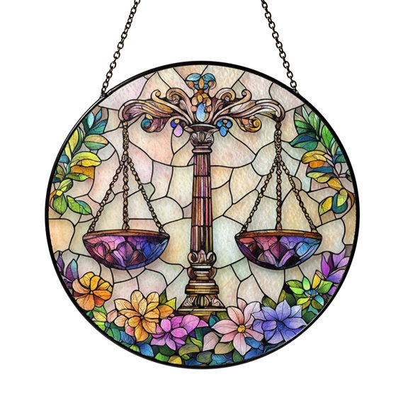 Libra Zodiac Suncatcher, Astrology Scales Round Window Hanging, Cosmic Home Decor