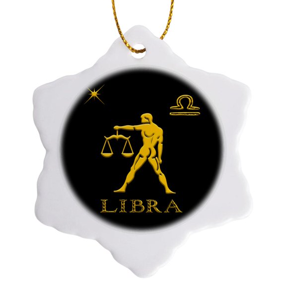 3drose, Libra Zodiac Symbol. Image of a Man with Scales, a Star and a Sign, 3 inch Snowflake Porcelain Ornament