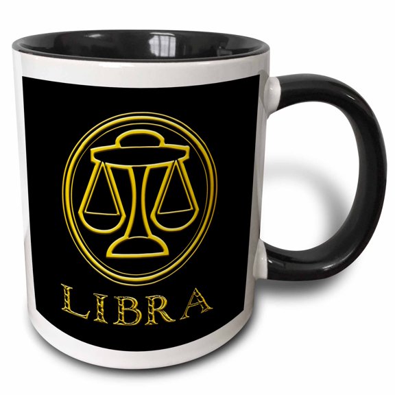 3drose, Libra Zodiac Symbol. Image of a Scales in a Round Frame. Gift, Charm, 15oz Two-tone Black Mug